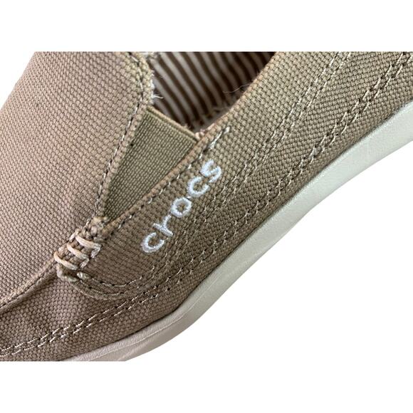Crocs Women;s Size 6 Boat Shoes Canvas Slip on Loafers Biege Non-Marking Soles - Picture 8 of 10